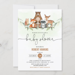 Greenery Woodland Animals Baby Shower Einladung