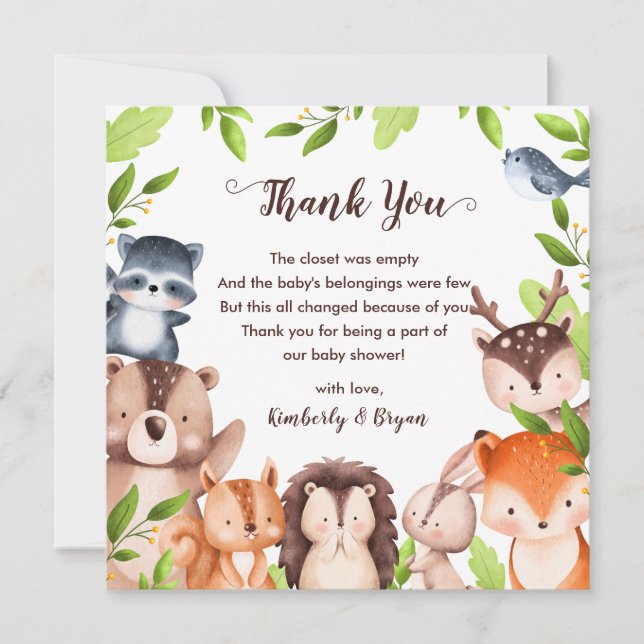 Greenery Woodland Animals Baby Shower Unisex Dankeskarte (Vorderseite)