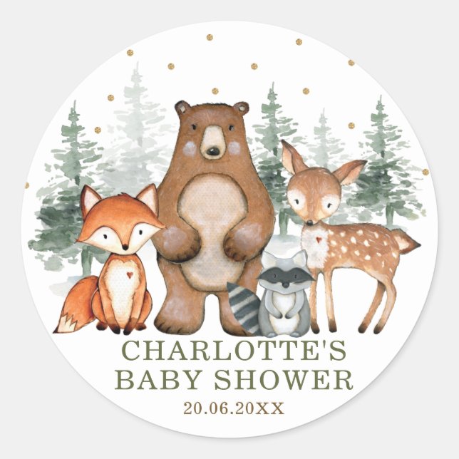 Greenery Woodland Animals Kinderdusche 1. Geburtst Runder Aufkleber (Vorderseite)
