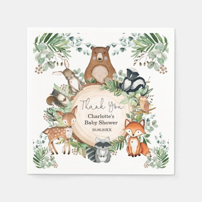 Greenery Woodland Animals Kinderdusche 1. Geburtst Serviette (Vorderseite)