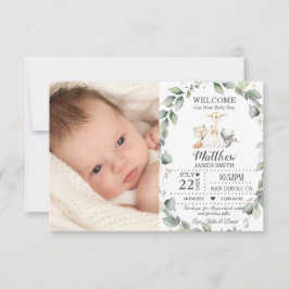 Greenery Woodland Animals New Baby Boy Foto Birth Ankündigung