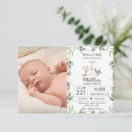 Greenery Woodland Animals New Baby Boy Foto Birth Ankündigung