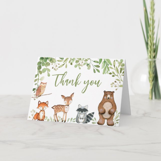 Greenery Woodland Baby Shower Dankeskarte (Vorderseite)
