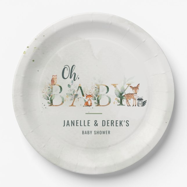 Greenery Woodland Baby Shower Pappteller (Vorderseite)