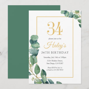 Greenery Wreath Chic Gold & Sage 34. Geburtstag Einladung