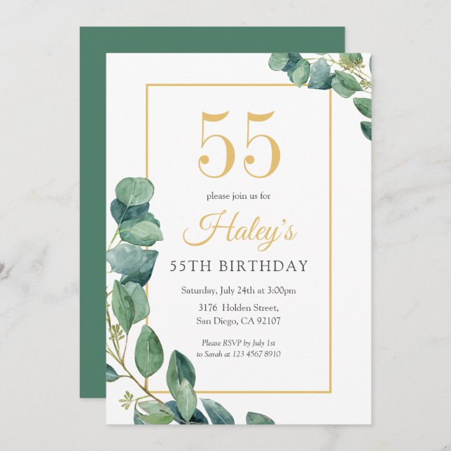 Greenery Wreath Chic Gold & Sage 55. Geburtstag Einladung (Vorne/Hinten)