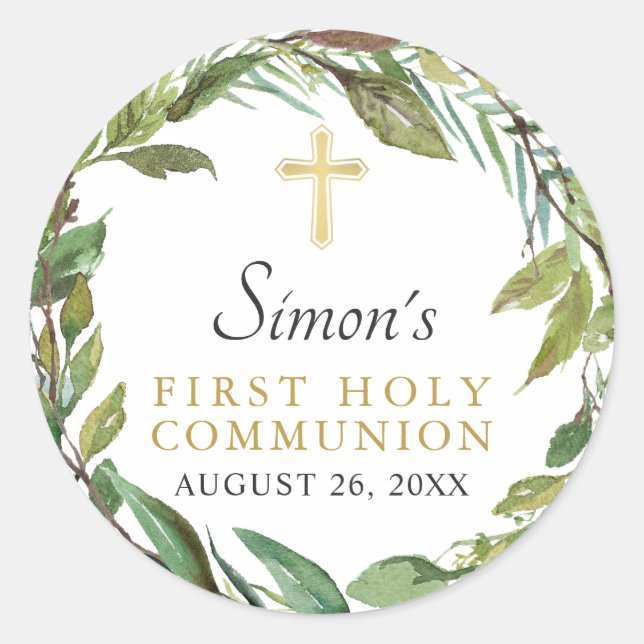 Greenery Wreath First Holy Communion Vielen Dank Runder Aufkleber (Vorderseite)