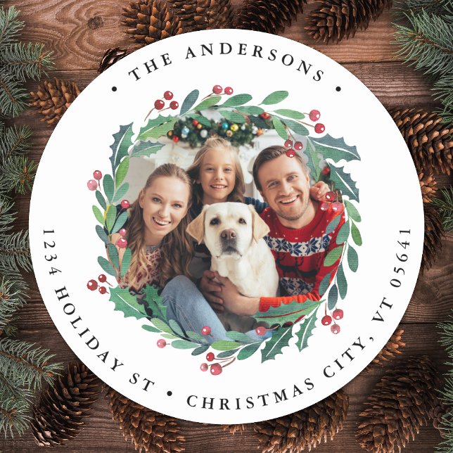 Greenery Wreath Foto Holiday Rücksendeadresse Runder Aufkleber (Von Creator hochgeladen)
