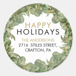 Greenery Wreath Happy Holidays Rücksendeadresse Runder Aufkleber