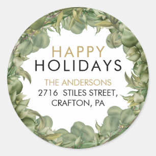 Greenery Wreath Happy Holidays Rücksendeadresse Runder Aufkleber