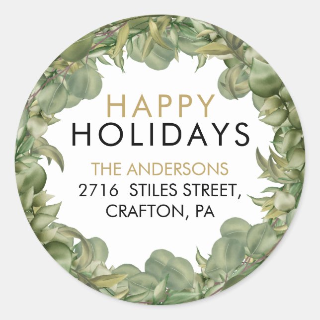 Greenery Wreath Happy Holidays Rücksendeadresse Runder Aufkleber (Vorderseite)
