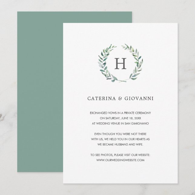 Greenery Wreath Monogram Elopement Wedding Ankündigung (Vorne/Hinten)