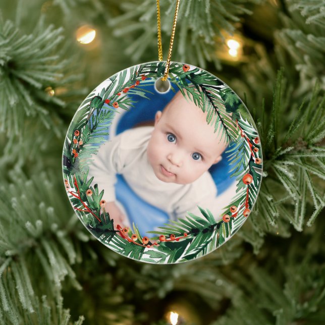 Greenery Wreath My First Christmas Baby Foto Keramik Ornament (Baum)