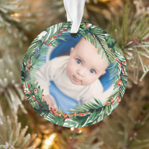 Greenery Wreath My First Christmas Baby Foto Ornament
