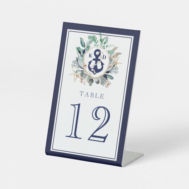 Greenery Wreath Navy Anchor Monogram Beach Wedding Sockelschild (Vorderseite)