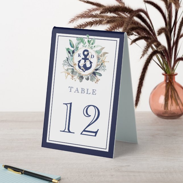 Greenery Wreath Navy Anchor Monogram Beach Wedding Tischaufsteller (In Situ (Tisch))