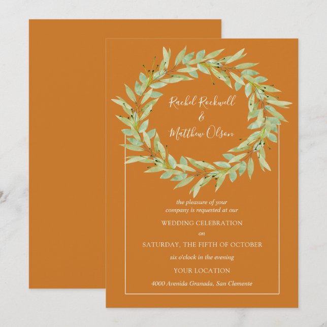 Greenery Wreath on Ochre Wedding Einladung (Vorne/Hinten)