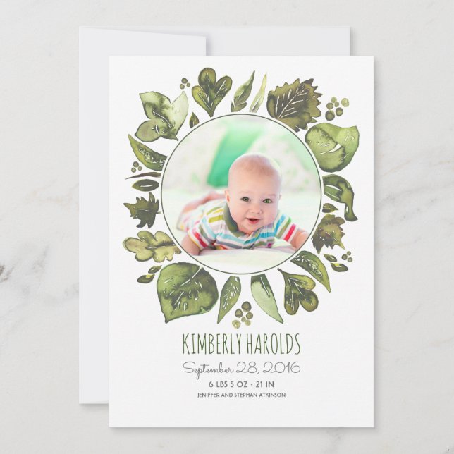 Greenery Wreath Painted Newborn Baby Foto Birth Ankündigung (Vorderseite)