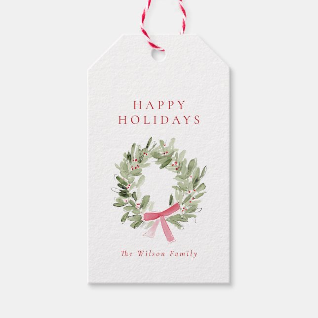 Greenery Wreath & Red Bow Holiday Geschenkanhänger (Vorderseite)