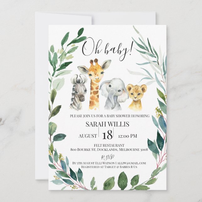 Greenery Wreath Safari Animals Baby Shower Einladung (Vorderseite)