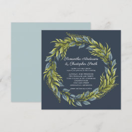 Greenery Wreath Watercolor Dark Aquamarin Blue Wed Einladung