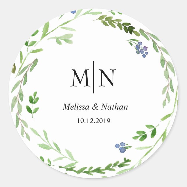 Greenery Wreath Wedding Monogram Sticker (Vorderseite)