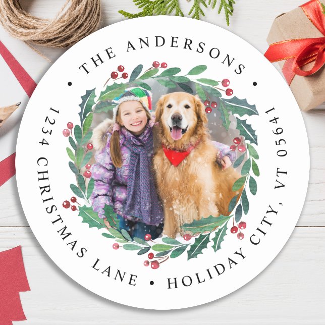 Greenery Wreath Weihnachts-Foto Rücksendeadresse Runder Aufkleber (Von Creator hochgeladen)