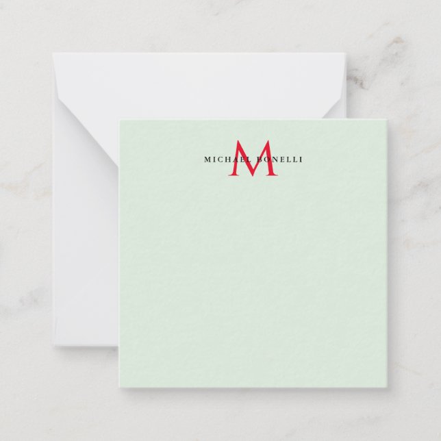 Greenish Gray & Red Monogram Modern Minimalistisch Mitteilungskarte (Vorderseite)