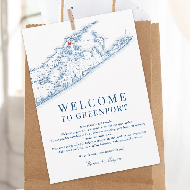 Greenport NY Map Wedding Welcome Letter Navy Blue Dankeskarte (Greenport NY Long Island Map Wedding Welcome Letter and Weekend Events Itinerary in Navy Blue)