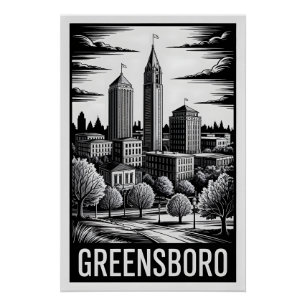 Greensboro North Carolina Schwarz-Weiß-Holzschnitt Poster