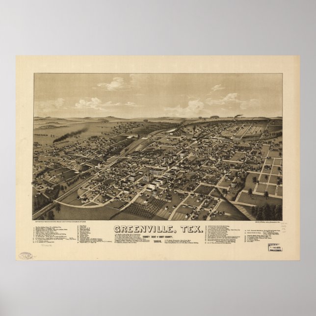 Greenville Texas 1886 Antique Panoramic Map Poster (Vorne)