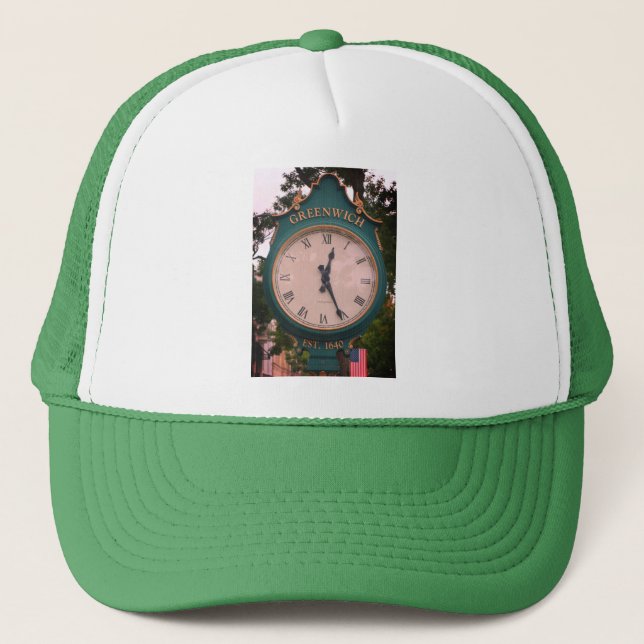 Greenwich Avenue Post Clock, Greenwich, CT Truckerkappe (Vorderseite)