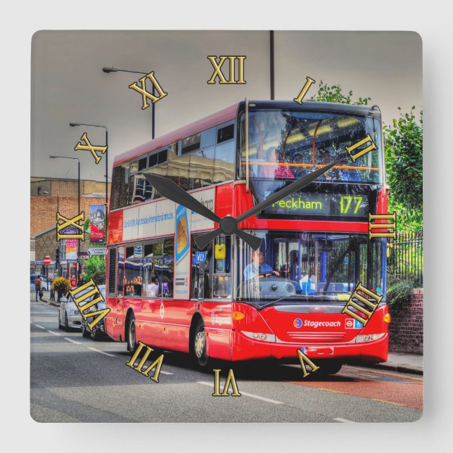 Greenwich nach Peckham Doubledecker Bus Scene Quadratische Wanduhr (Vorderseite)