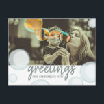 Greetings From Our Bubble Social Distancing Photo Postkarte<br><div class="desc">Bubble themed quarantine social distancing with custom photo.  Front says,  "Greetings from our bubble to yours."  Personalize the back with a message.</div>
