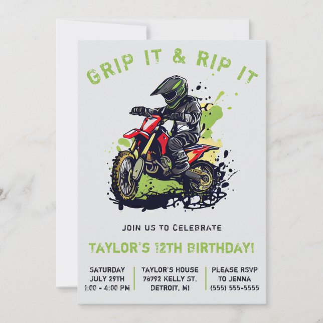 Greif es und rippe es! Motocross, Dirt Bike Geburt Einladung (Vorderseite)