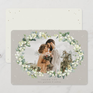 Greige/Cream Snowberry+Eucalyptus Wedding Foto Dankeskarte