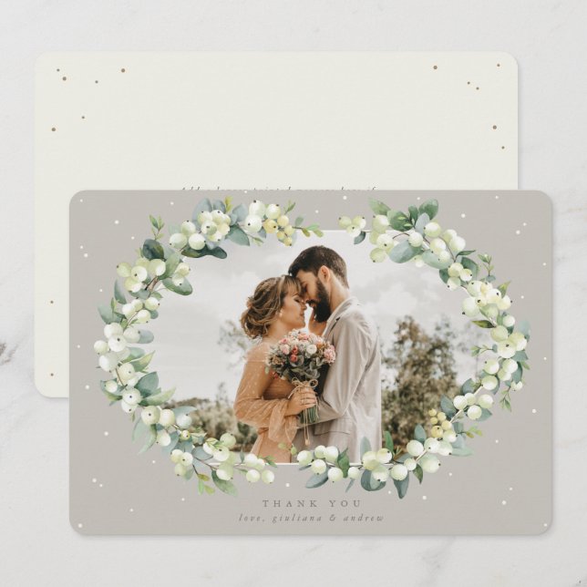 Greige/Cream Snowberry+Eucalyptus Wedding Foto Dankeskarte (Vorne/Hinten)