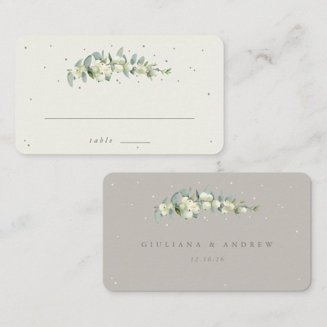 Greige/Cream Snowberry+Eukalyptus Wedding Flat Platzkarte (Vorne/Hinten)