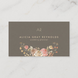 Greige Monogram Rose Gold Floral Wedding Planner Visitenkarte