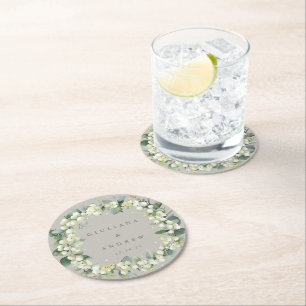 Greige Schneebeere+Eukalyptus Winterhochzeit Runder Pappuntersetzer
