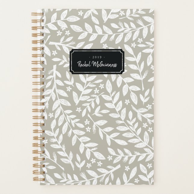 Greige Sketched Floral Leaf Jahr und Name Planner Planer (Vorderseite)
