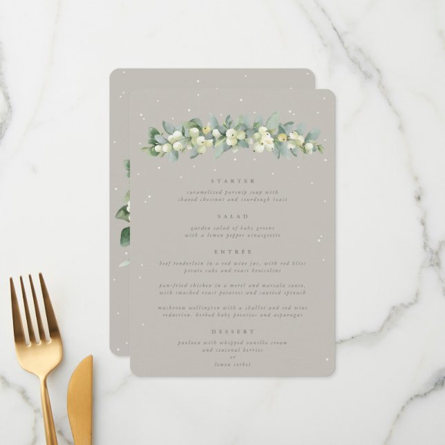 Greige Snowberry+Eucalyptus 4 Course Wedding Menükarte (Vorderseite/Rückseite Beispiel)
