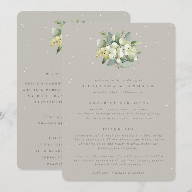 Greige Snowberry+Eucalyptus Bouquet Winter Wedding Programm (Vorne/Hinten)