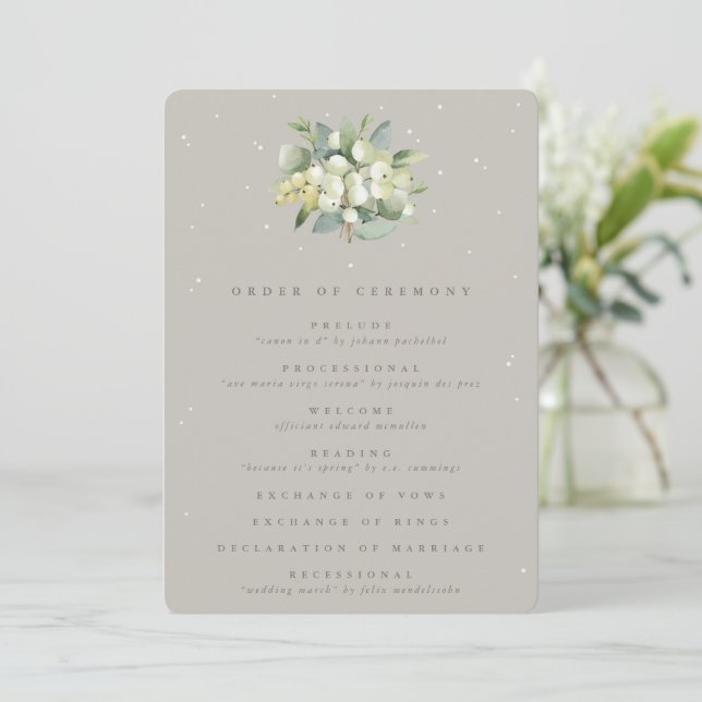 Greige Snowberry+Eucalyptus Bouquet Winter Wedding Programm (Stehend Vorderseite)