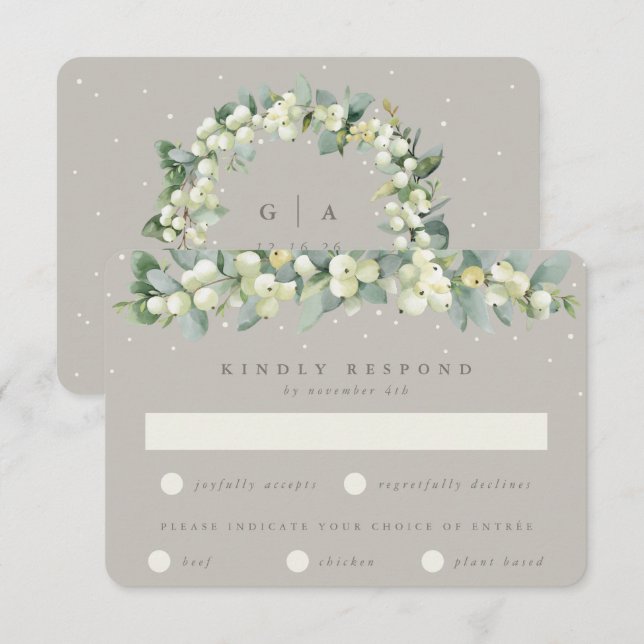 Greige Snowberry+Eucalyptus Garland Winter Wedding RSVP Karte (Vorne/Hinten)