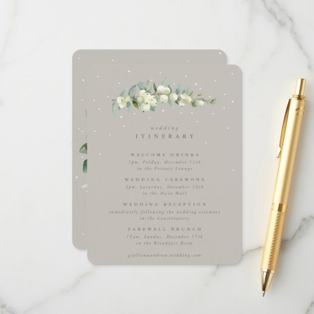 Greige Snowberry+Eucalyptus Stem Wedding Itinerary Begleitkarte (Vorderseite/Rückseite Beispiel)