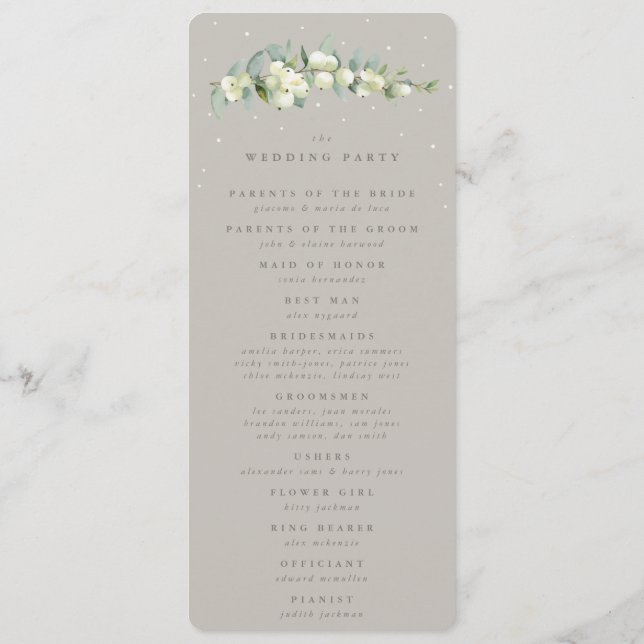 Greige Snowberry+Eucalyptus Stem Winter Wedding Programm (Rückseite)