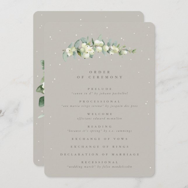 Greige Snowberry+Eucalyptus Stem Winter Wedding Programm (Vorne/Hinten)