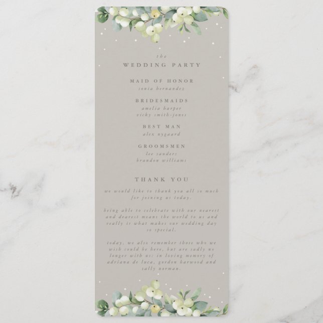 Greige Snowberry+Eucalyptus Stem Winter Wedding Programm (Rückseite)
