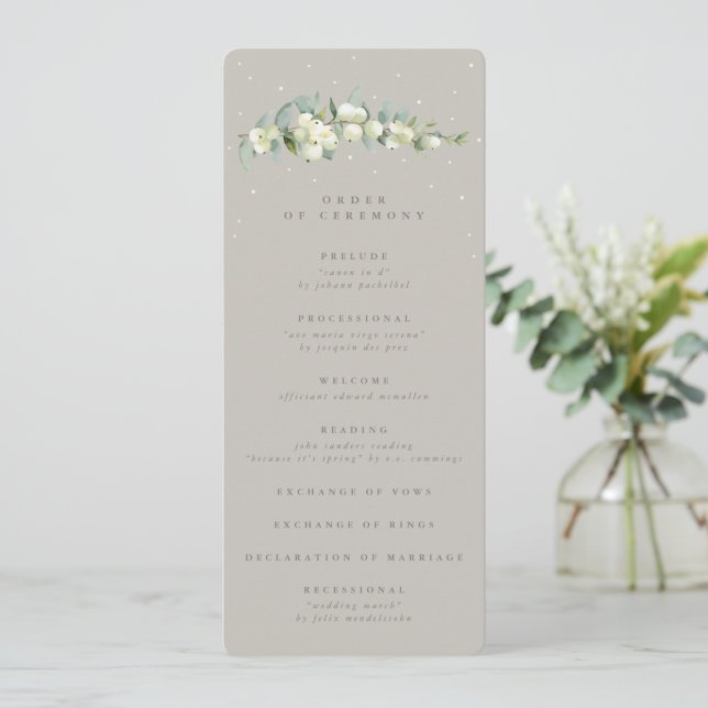 Greige Snowberry+Eucalyptus Stem Winter Wedding Programm (Stehend Vorderseite)